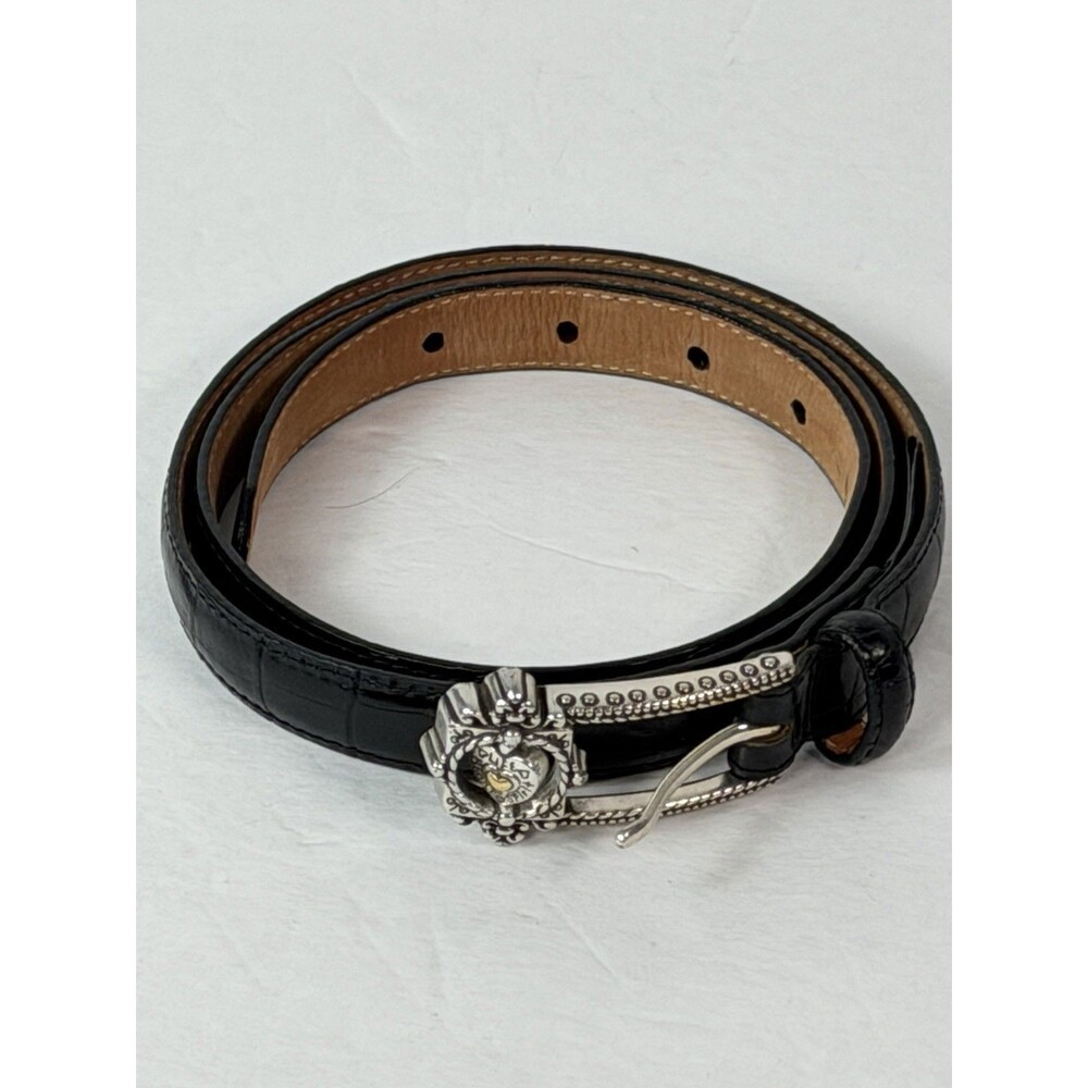 Brighton Women’s Black Croc Embossed Leather Belt Heart Buckle XL36” Silver Tone